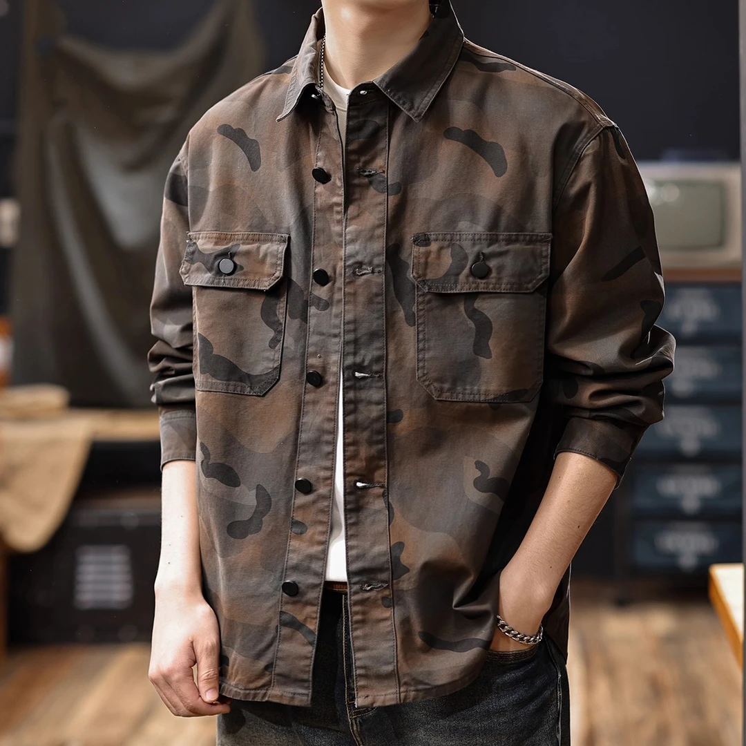 高级感痞帅美式迷彩工装衬衫男士2025春秋新款复古长袖衬衣外套潮