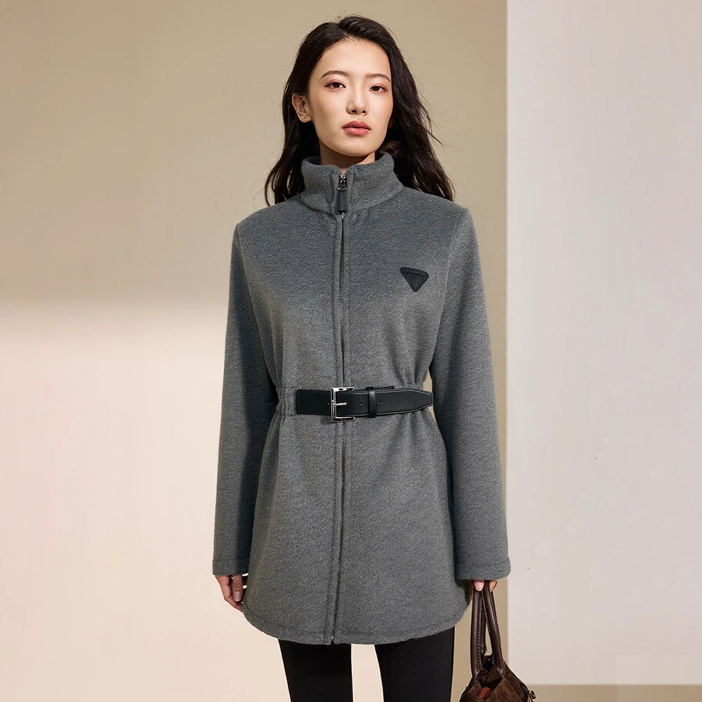 三角装饰立领毛呢松紧腰百搭通勤复古外套女730002