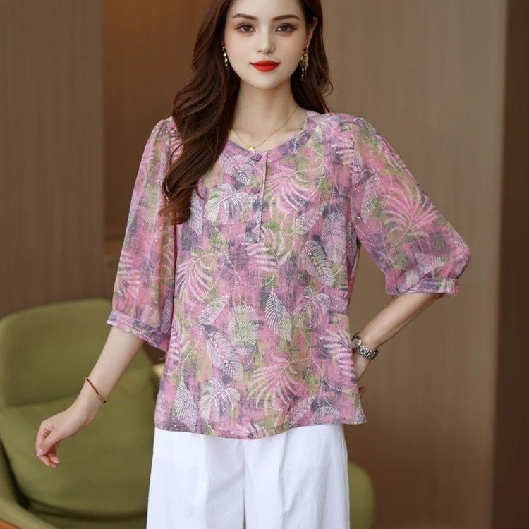 俞兆林爆款印花宽松薄款小衫2025夏季新款时尚洋气减龄百搭上衣夏