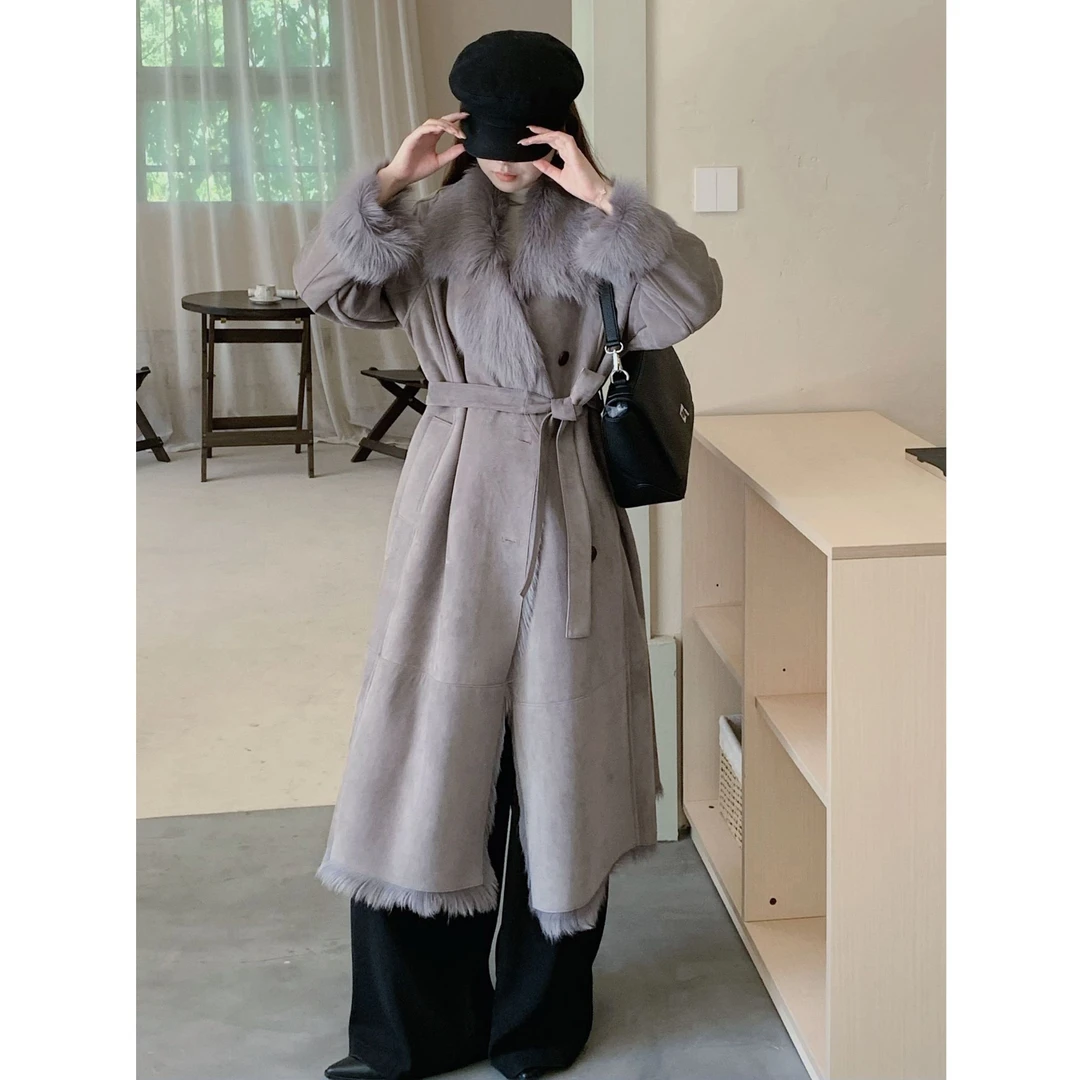 JIAY 高端绒面山羊皮毛一体翻领宽松长风衣冬海宁皮草外套女正品