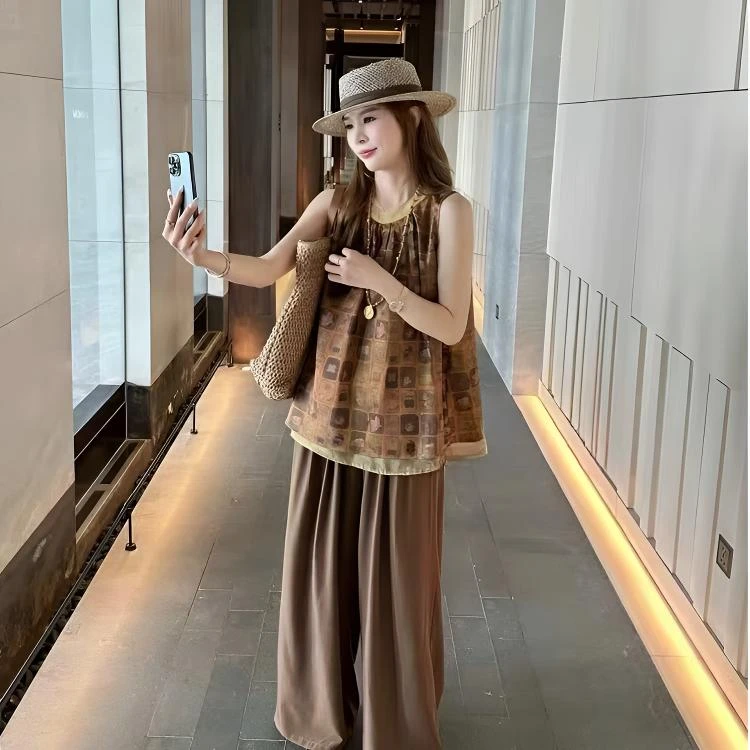 3396【衣长66裤长98】新中式国风背心阔腿裤两件套女爆款时尚套装