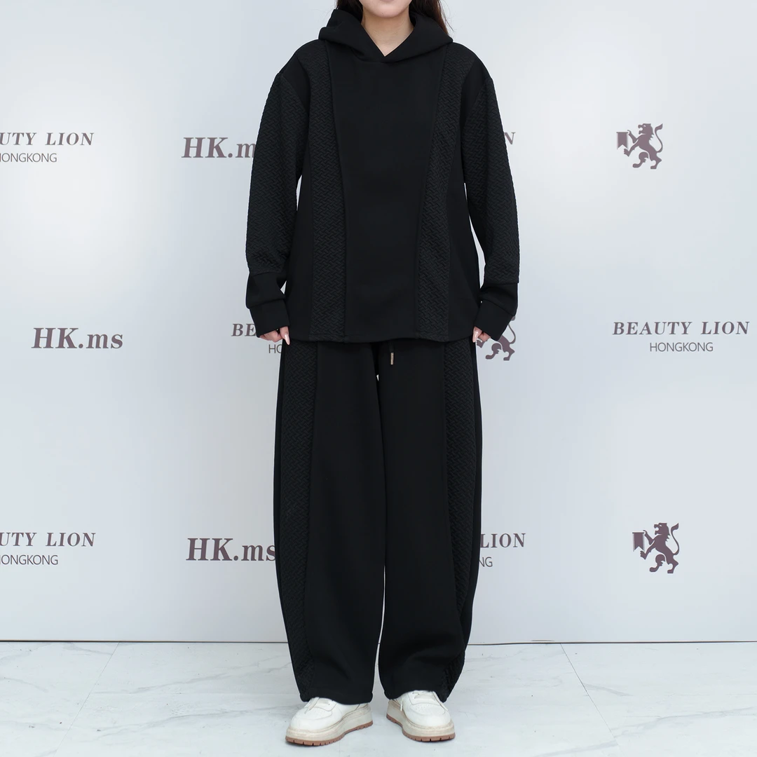 2025H·K美狮潮牌时尚秋季港风连帽波纹拼接纯色气质休闲套装