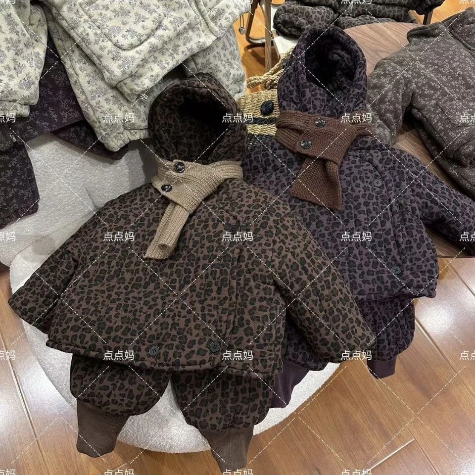 森系冬季厚款豹纹男女通用女套装小童格子外套女童