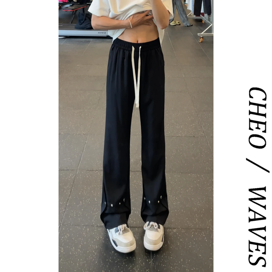 夏季男高腰直筒裤设计款纽扣西裤冰丝休闲长裤宽松微喇裤子男生