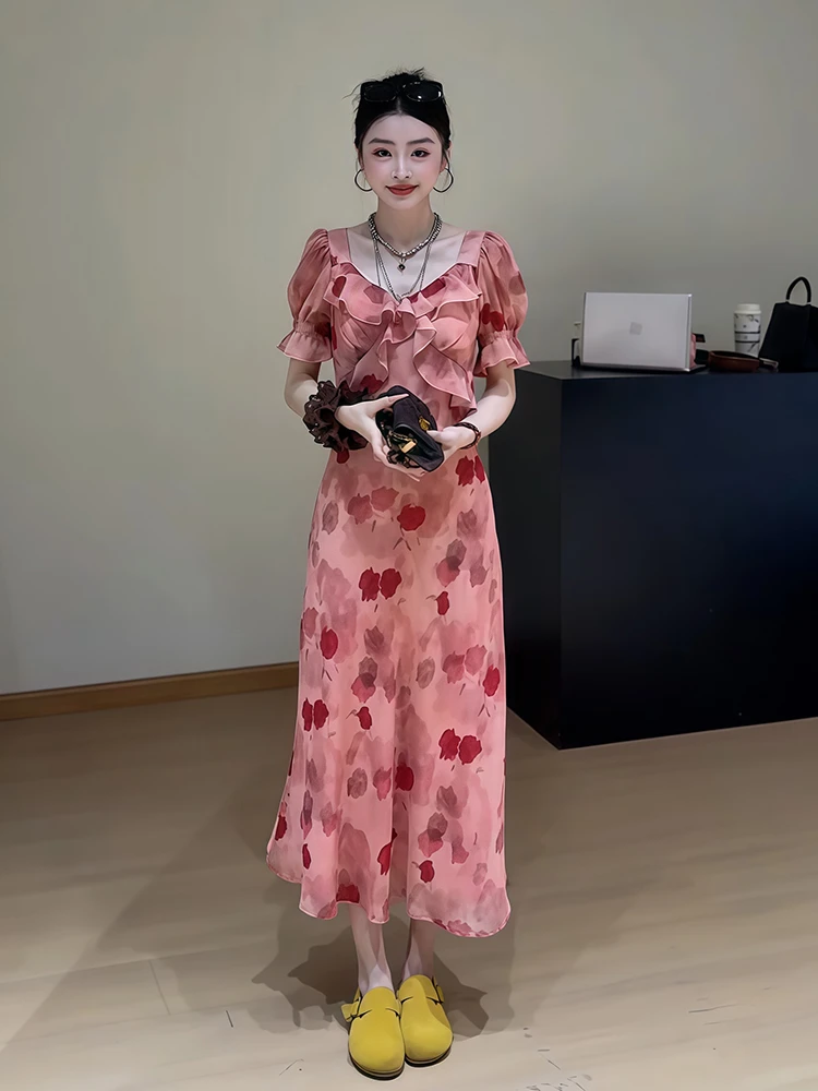 韩系甜美拼接荷叶边短袖碎花连衣裙女2025夏季收腰显瘦优雅风长裙