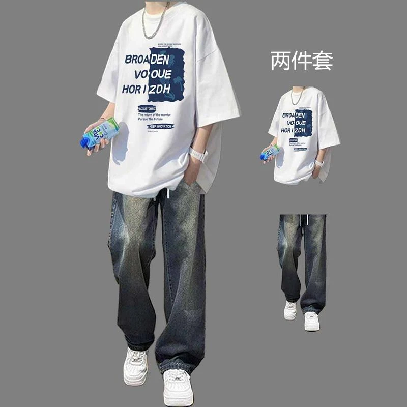 短袖t恤男生休闲套装夏季夏装潮牌一套运动酷帅炸街两件套男装