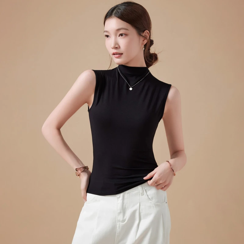 黑色莫代尔半高领无袖背心女春夏外穿遮副乳内搭打底坎肩修身上衣