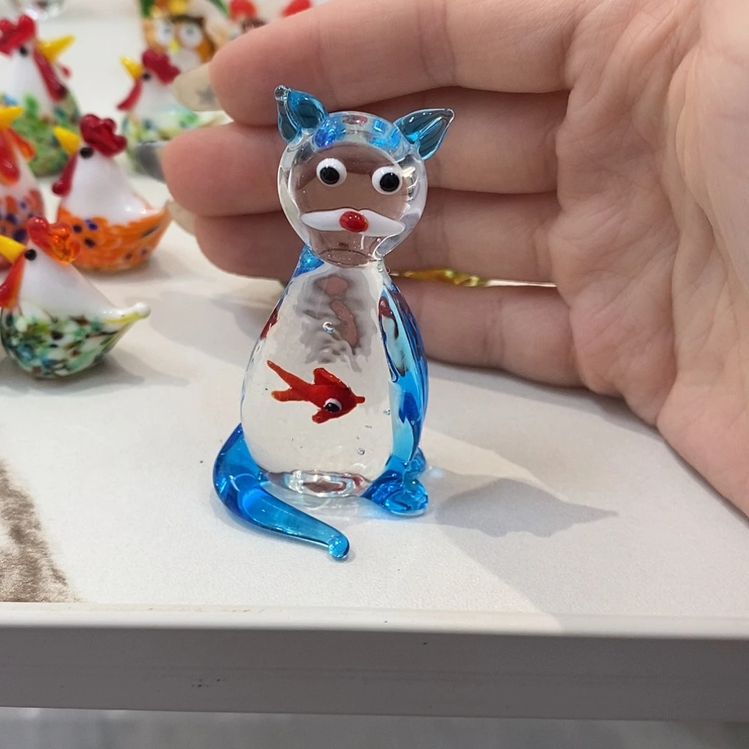 手工艺品琉璃猫吃鱼