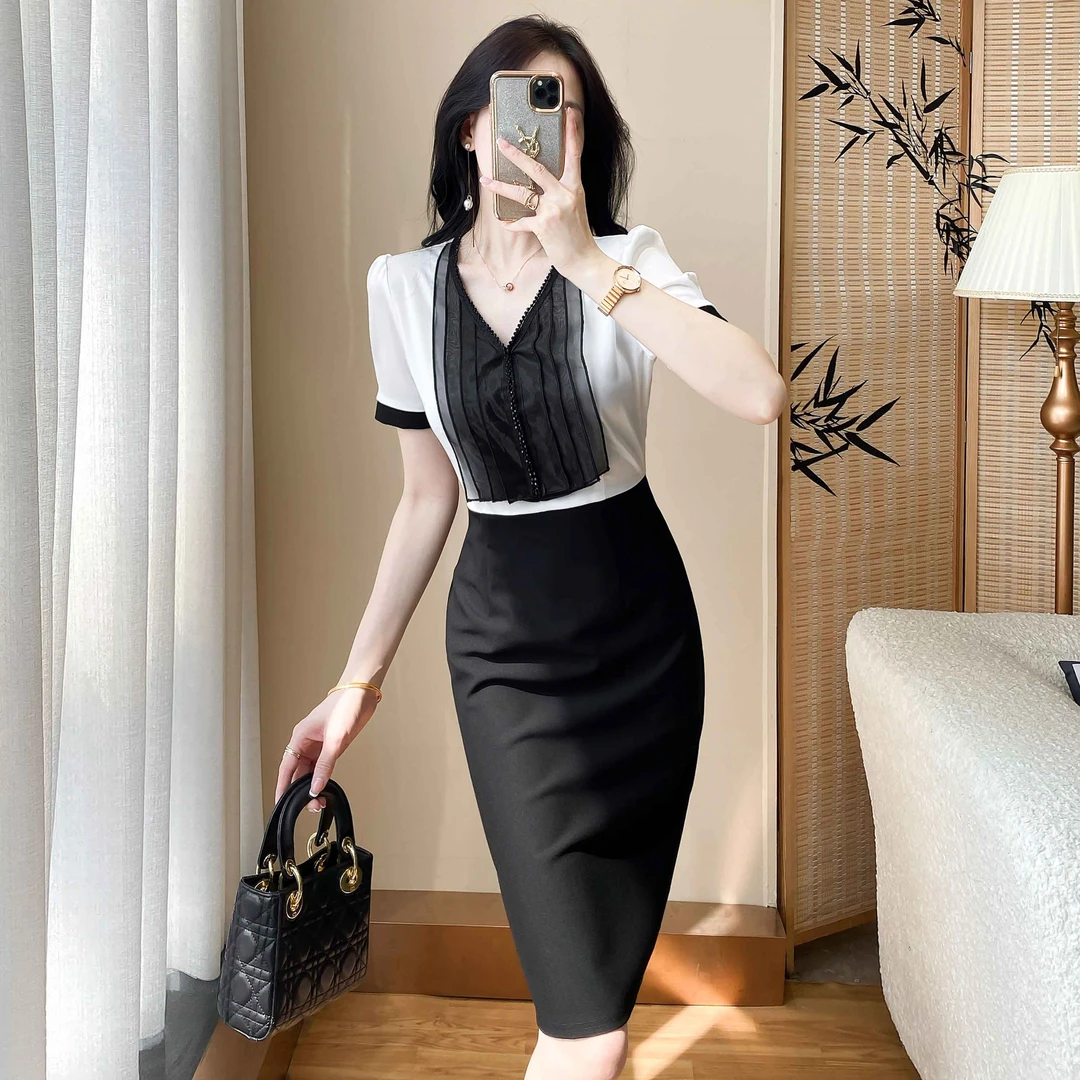 2025夏季新款时尚气质拼接连衣裙显瘦高级感通勤OL职场包臀裙女装