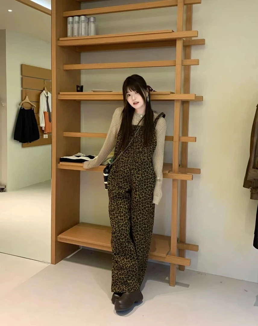 【正品】复古豹纹背带裤！出kou泡菜国单！阔腿长裤