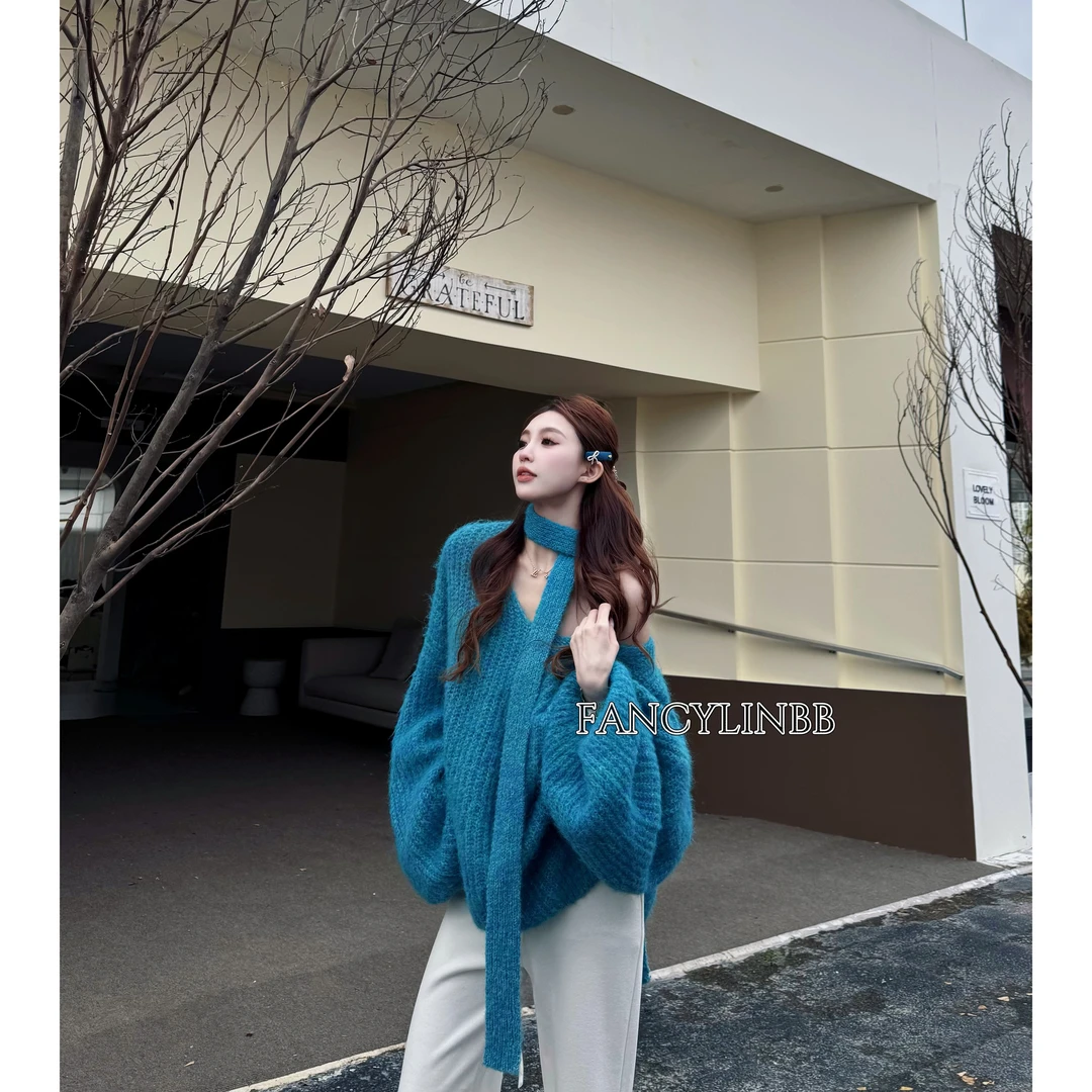 【小龙女】林北鼻·羊毛灯笼袖V领显瘦显白围巾毛衣