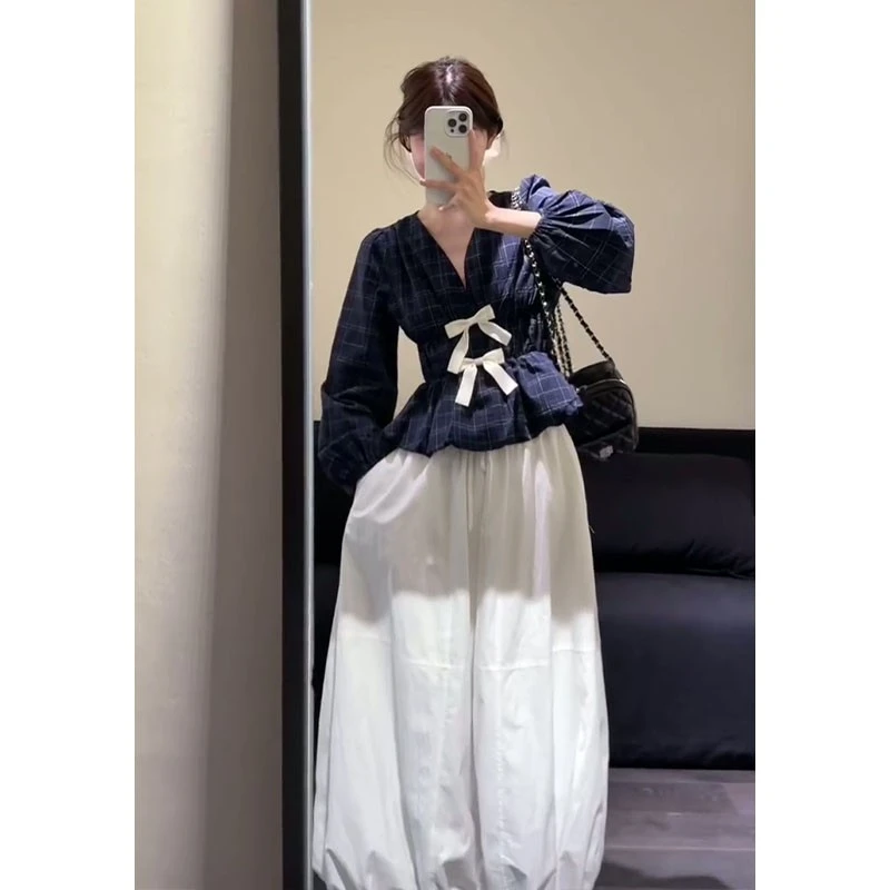 早秋新款韩系穿搭蝴蝶结收腰格纹长袖上衣气质高腰花苞半裙22538#