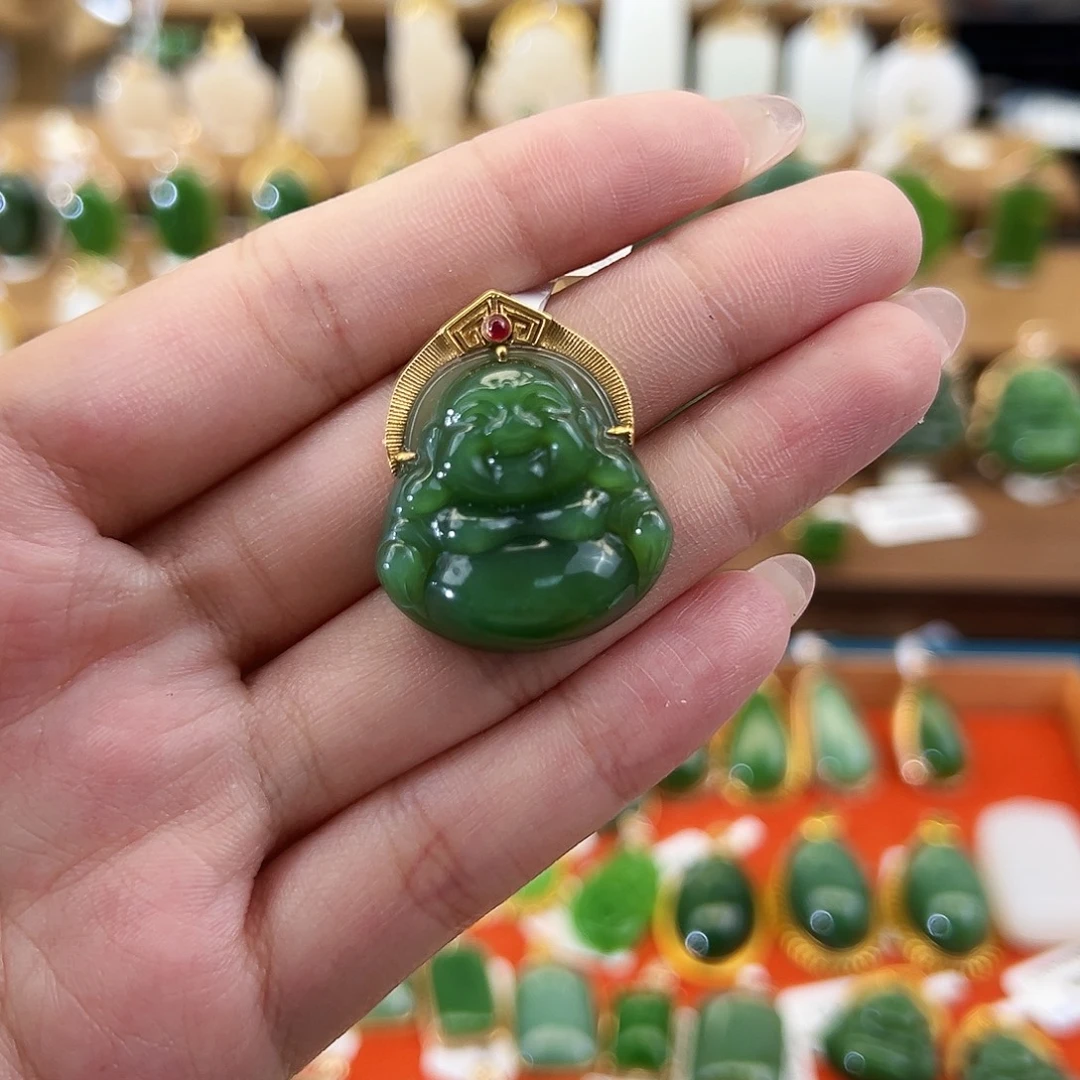 吊坠(不含链)18K金镶嵌和田玉猫眼佛公起荧光24.5mm