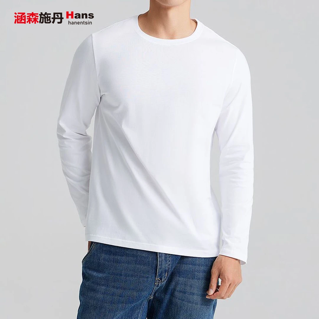 圆领纯色秋季长袖日常白色透气韩式百搭T恤青年运动纯棉