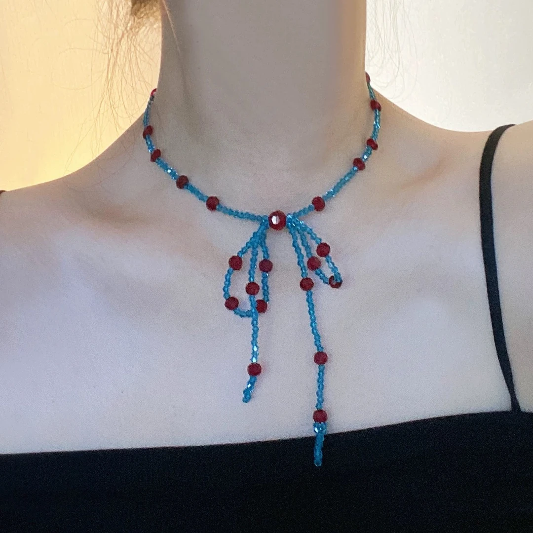 合金项链 蓝色水晶串珠流苏彩珠蝴蝶结项链女甜酷锁骨链超仙颈链