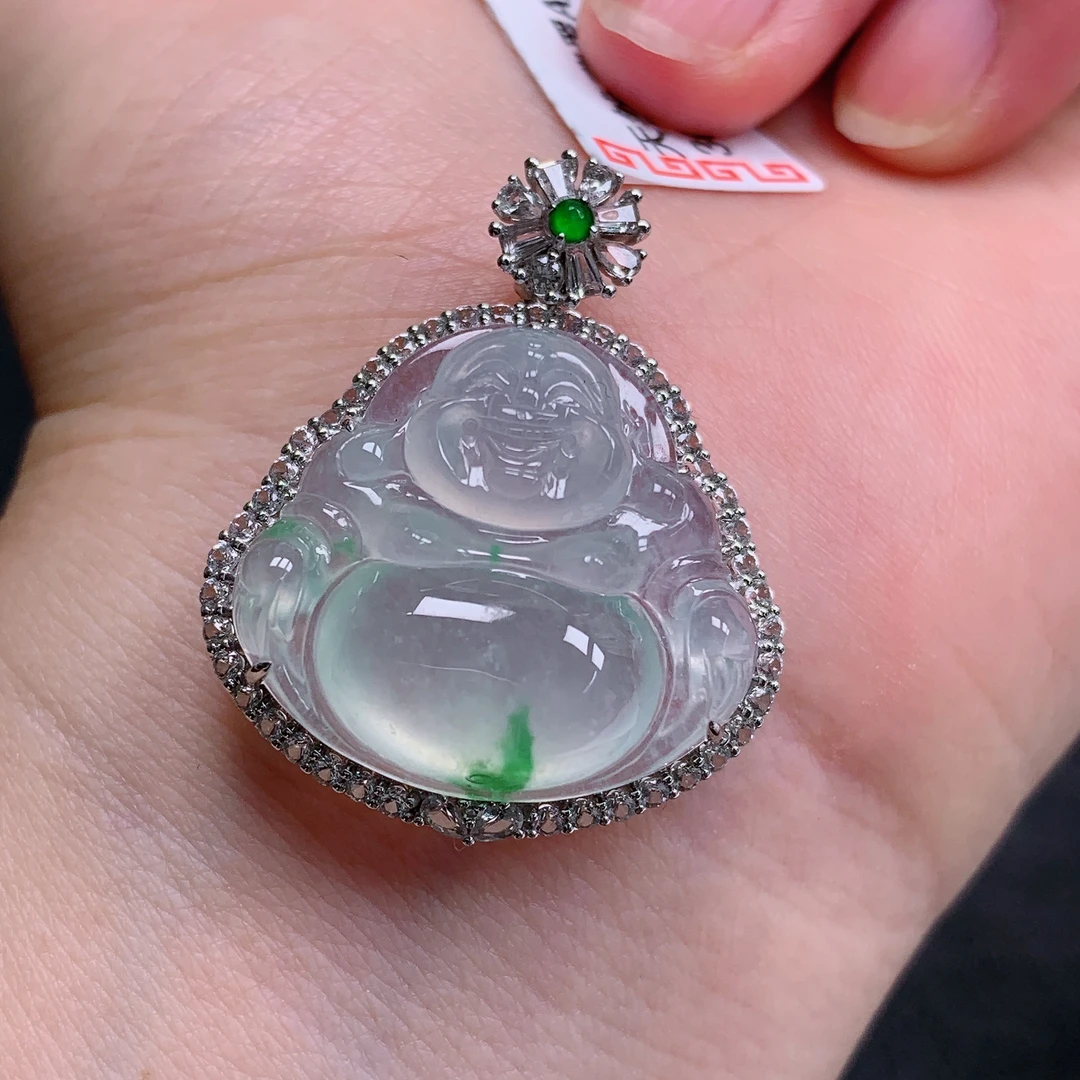 天然缅甸翡翠A货18k高冰飘花佛公精美整体尺寸32.5+26.9+10.4 643