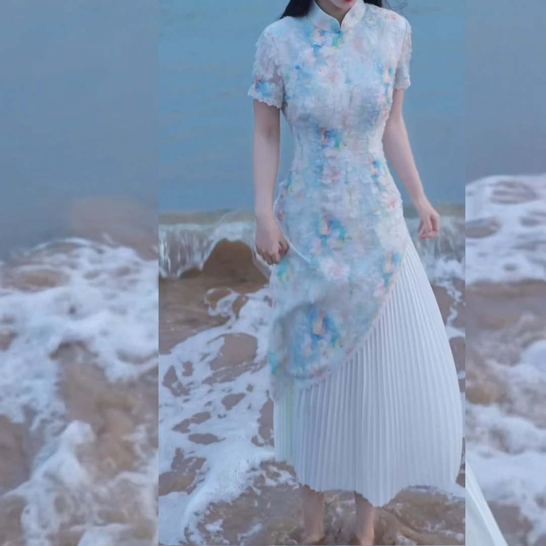 俏娘鱼新中式改良长款2025新款短袖旗袍裙女中国风日常可穿年轻款