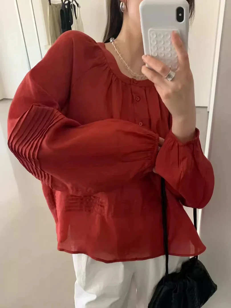 〔半开扣灯笼袖苎麻〕〔不可机洗〕欧站圆领半开扣褶皱灯笼袖衬衫