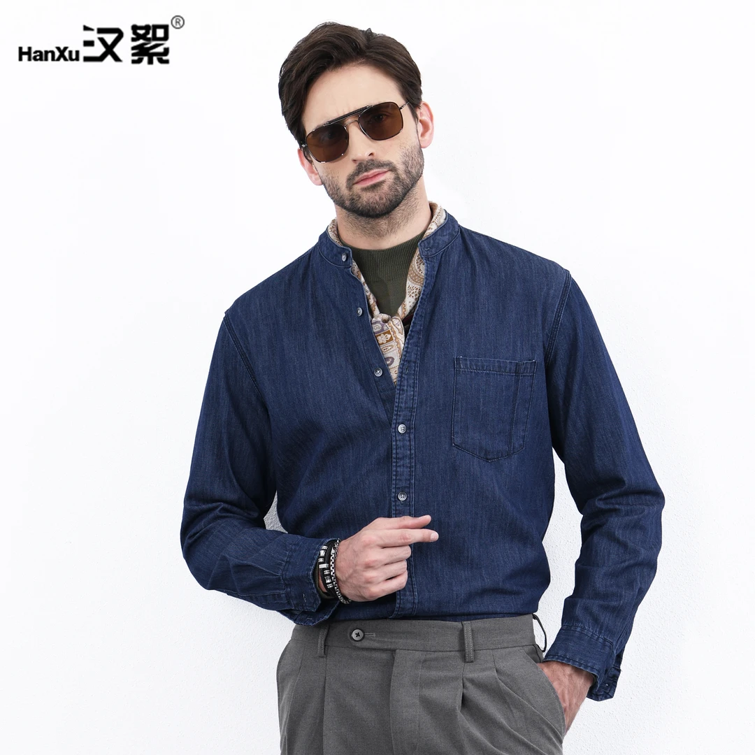 汉絮复古休闲立领棉麻长袖牛仔衬衫男款秋季时尚商务通勤百搭衬衣