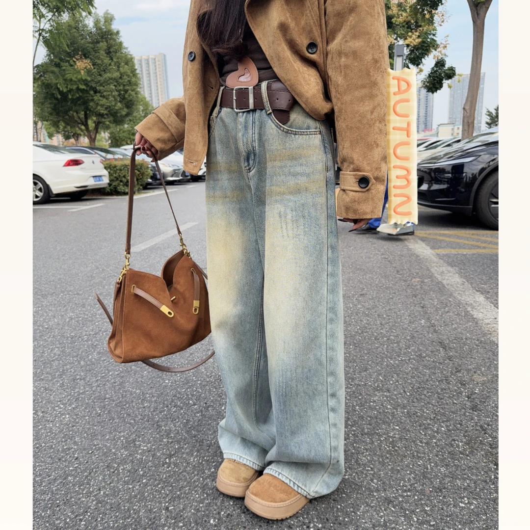 【晓溪服饰】秋冬新款高腰垂感显瘦直筒阔腿做旧加绒牛仔裤6673