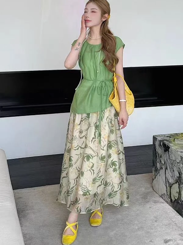 88033-夏季新款时尚气质韩版圆领上衣印花半身裙两件套女