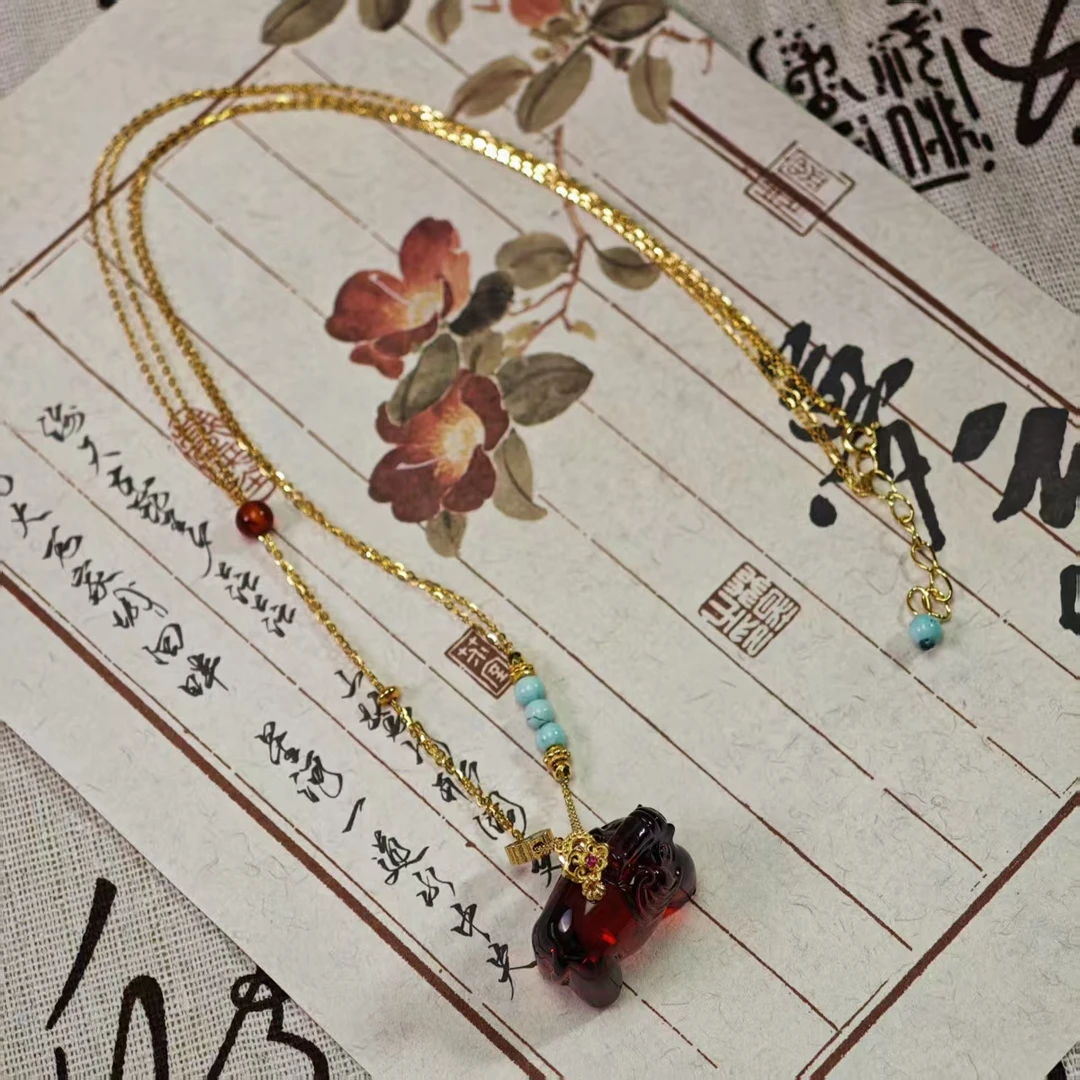 【鸿莱】ZX194611血珀象神锁骨链diy绿松石3mm+