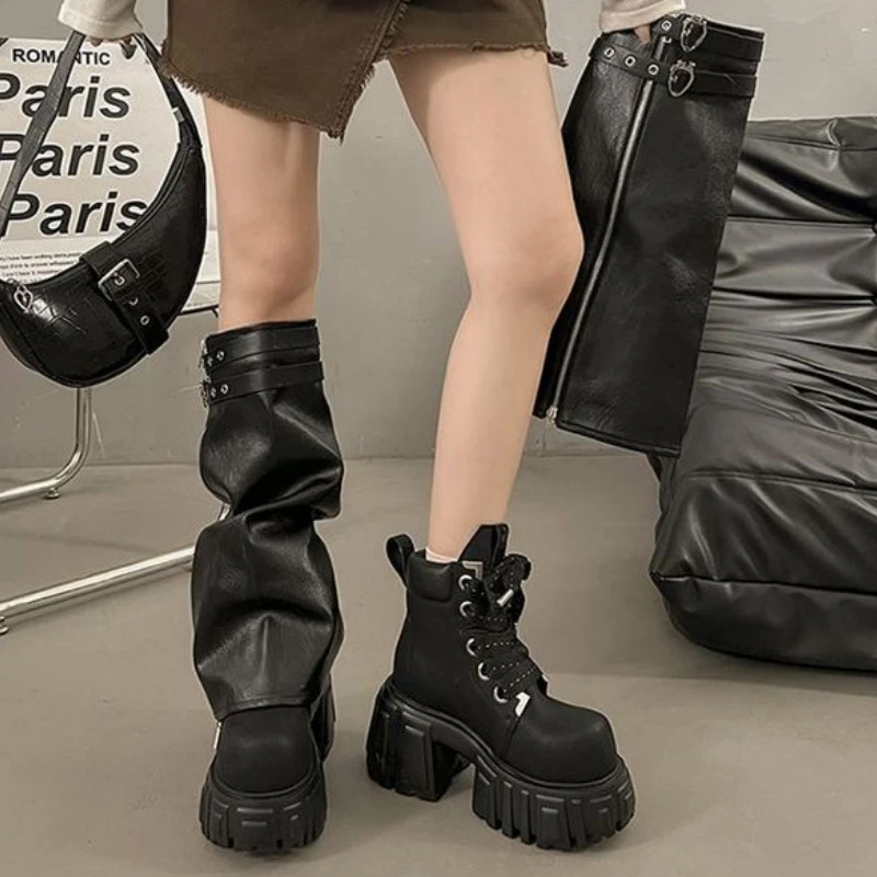 厚底增高裤管靴套筒马丁靴可拆卸两穿长筒靴小个子骑士靴高筒女靴