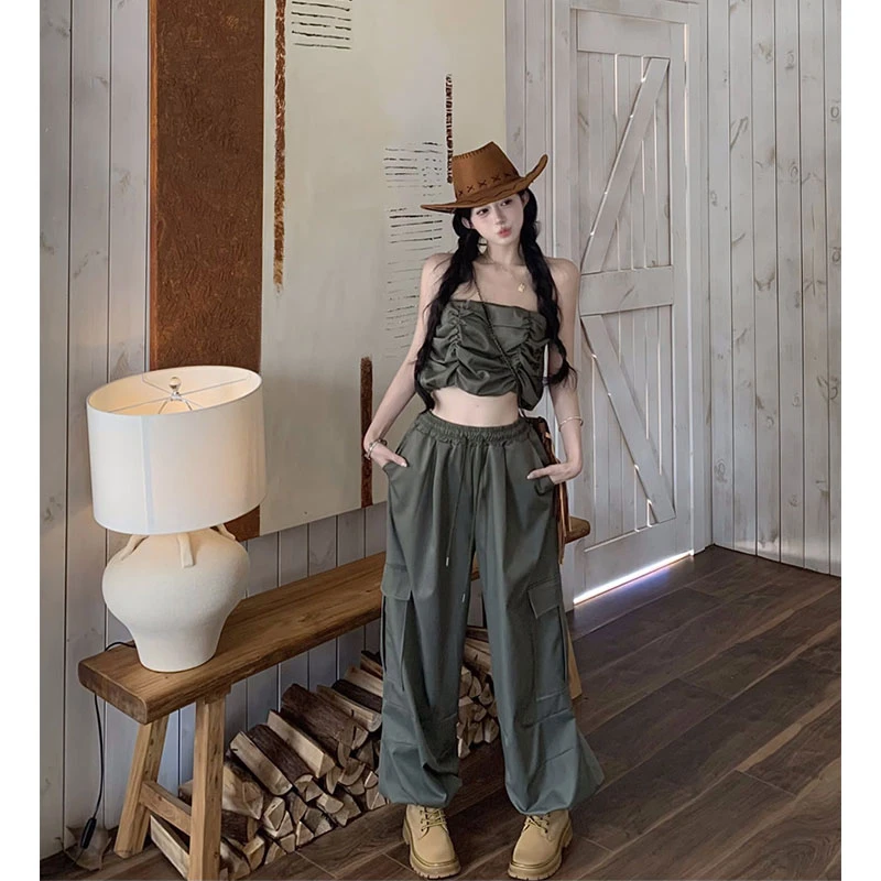 2025年夏季新款抹胸背心工装褶皱裹胸上衣工装裤阔腿宽松休闲长裤