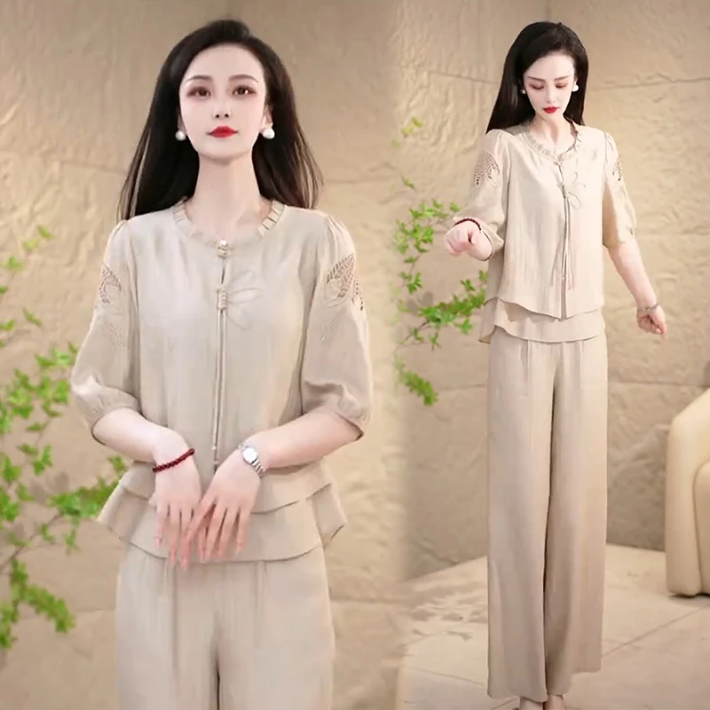 妈妈夏装阔腿裤套装2025新款五分袖上衣女士夏季直筒休闲裤两件套