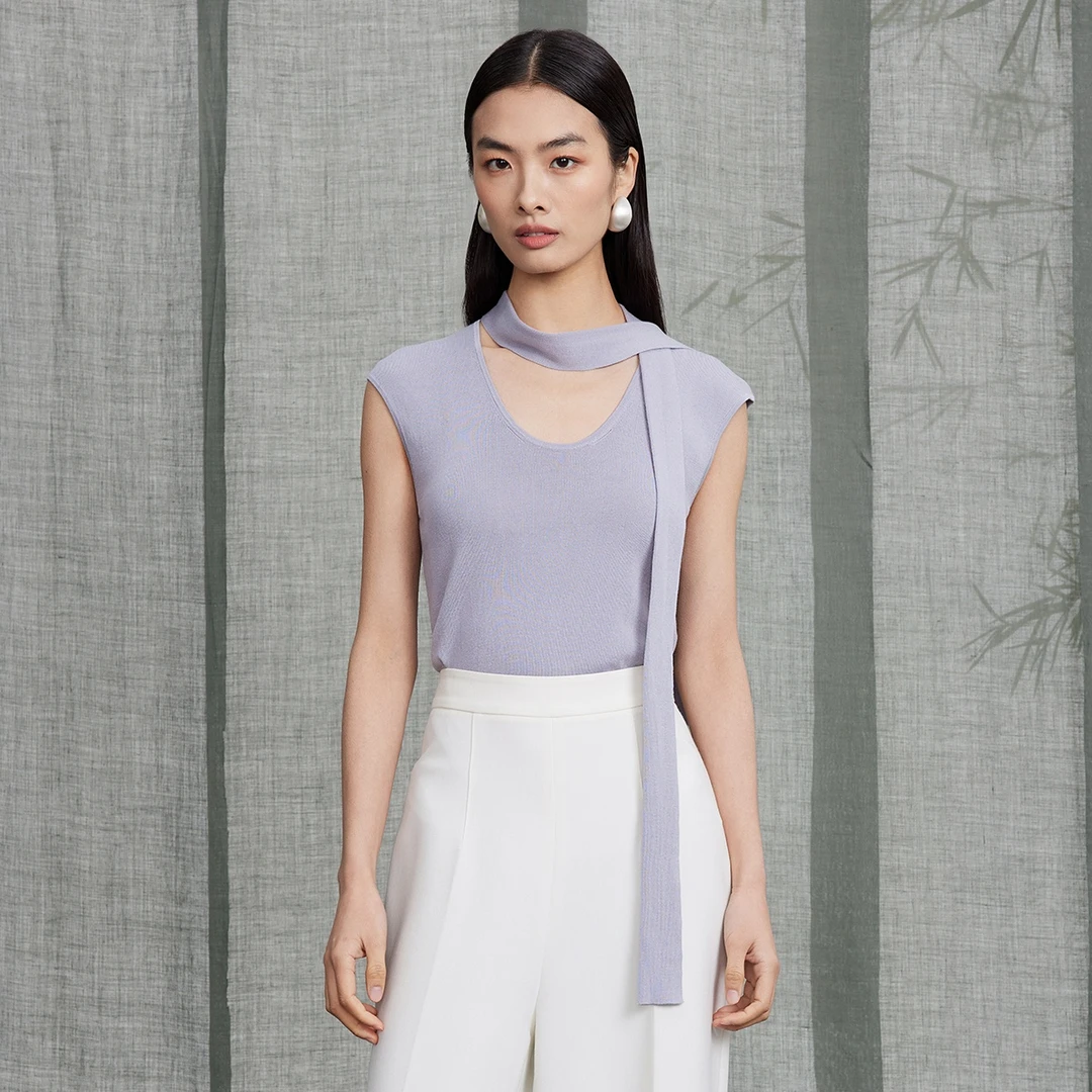 飘带U型领针织T恤衫女2025春夏新修身百搭气质无袖针织衫