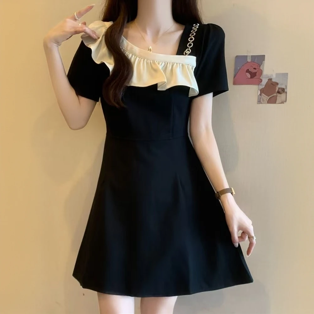 黑色短袖连衣裙夏季收腰显瘦复古荷叶边小众拼接气质裙子女