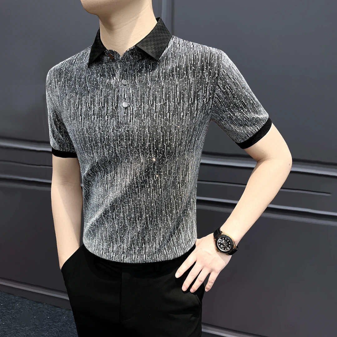 银丝网红polo衫男款爆款2025新款夏季痞帅高级感轻奢男士短袖t恤