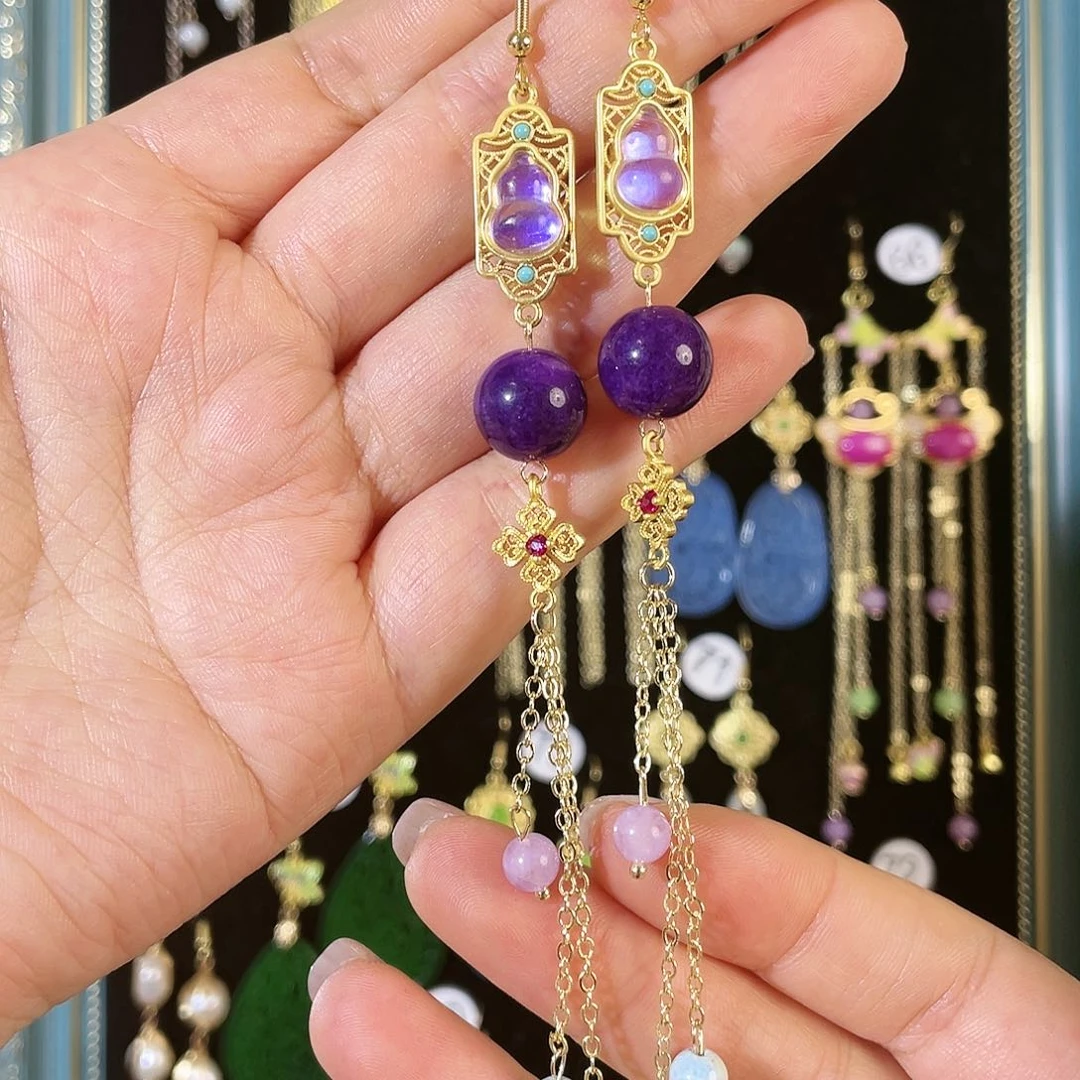 水晶耳饰银S925镶嵌紫耳勾925