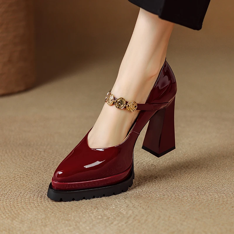 10.5cm真皮防水台高跟鞋复古厚底粗跟单鞋气质尖头漆皮小众玛丽珍
