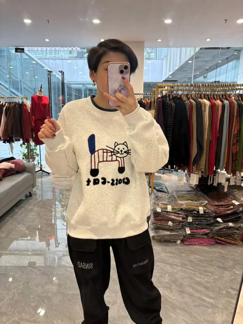 【丽丽家】冬季慵懒风卡通小猫加绒加厚卫衣616