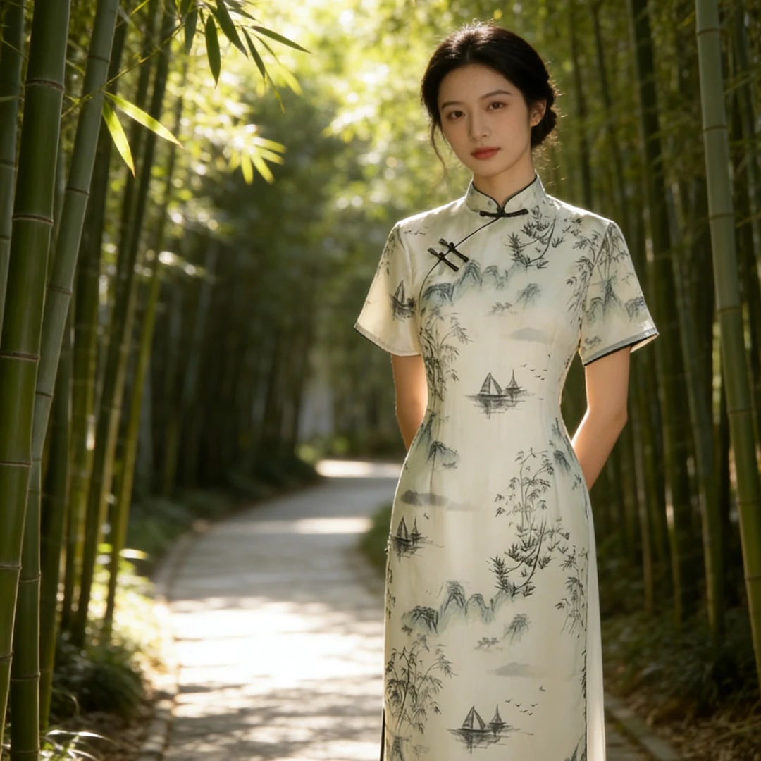 【江山如画】新款修身显瘦复古国风改良中式长款水墨画奥黛旗袍群裙