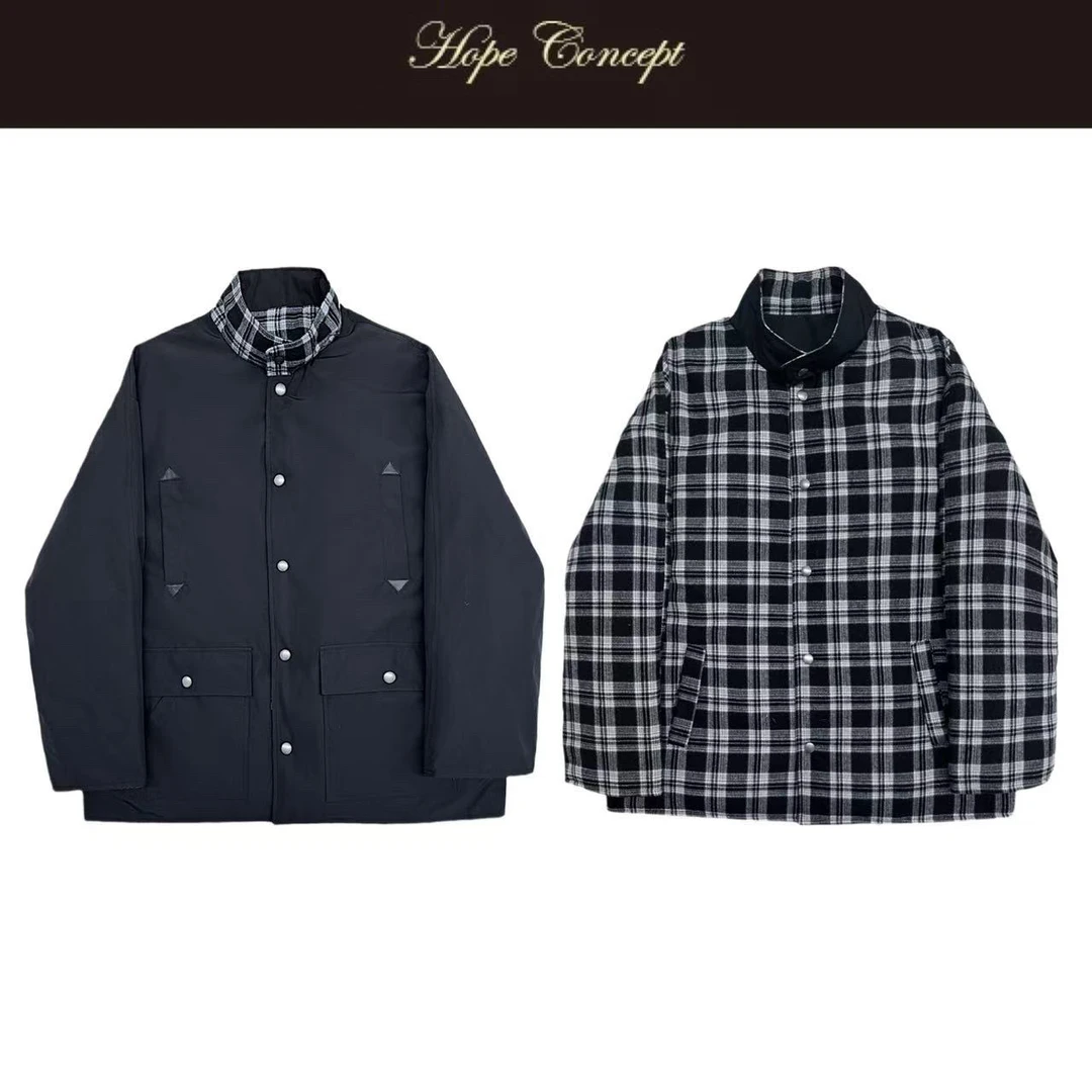 25503#HOPECONCEPT90鹅绒服北海道撞色格纹两面穿立领休闲夹克