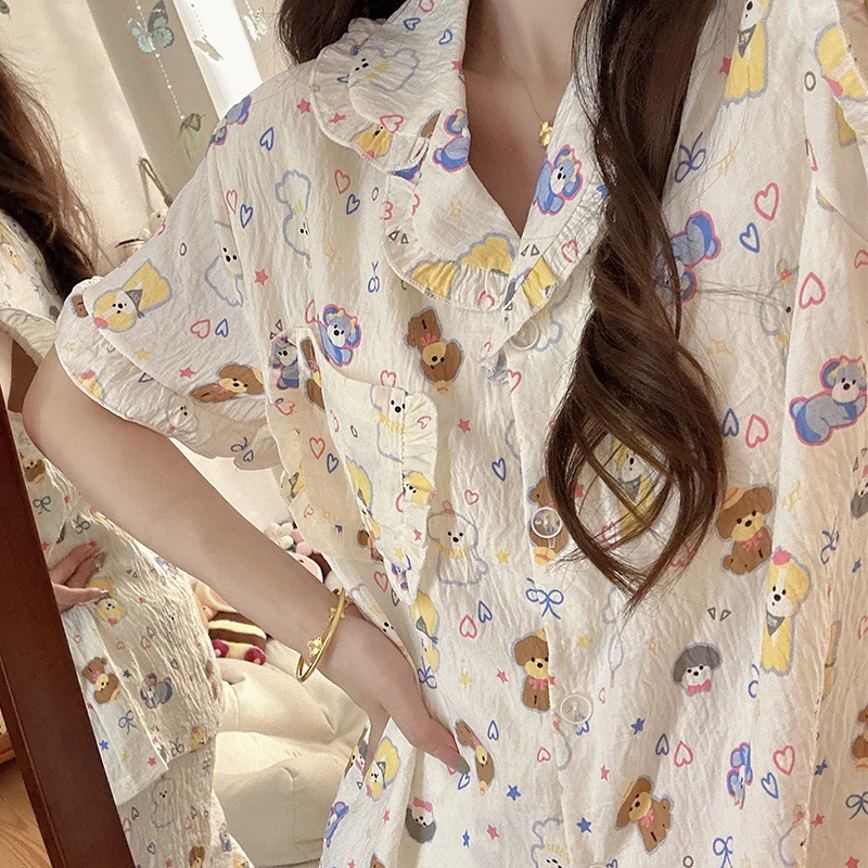 彩绘狗狗带胸垫三件套睡衣少女夏季短袖可爱卡通ins风长裤家居服