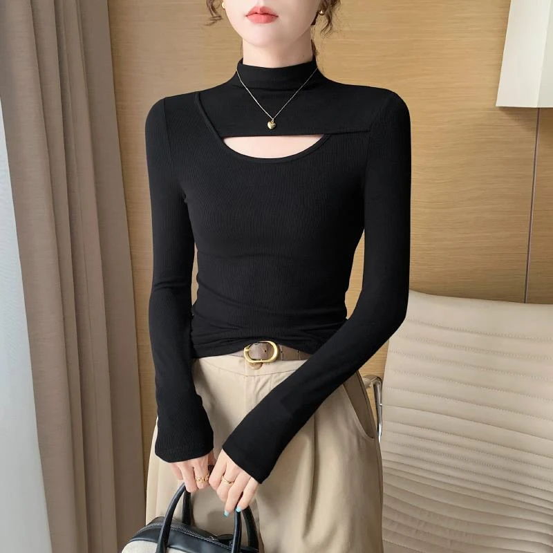 VOCKOO黑色针织镂空半高领打底衫女2025新款春秋季中领内搭修身长