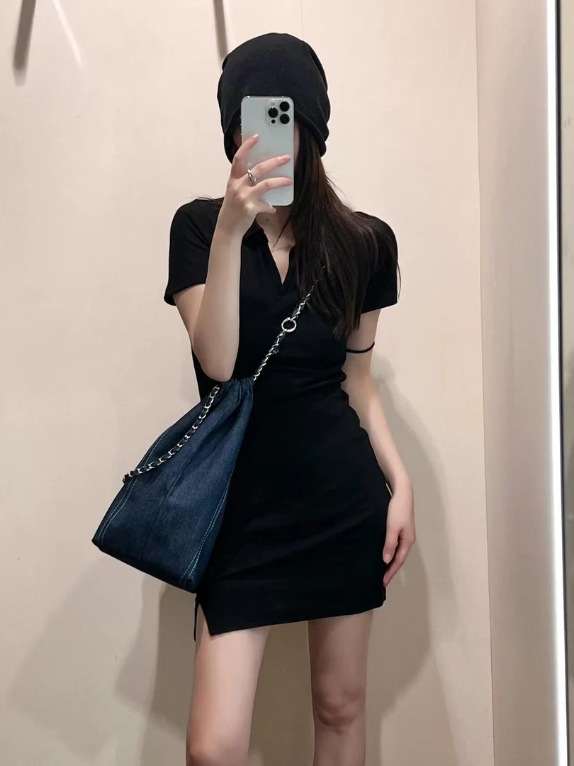 黑色polo小妈包臀连衣裙辣妹连衣裙修身包臀裙裙子显瘦夏季纯欲
