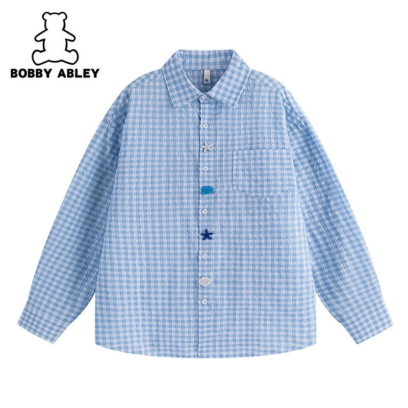 BOBBY ABLEY美式纯色格子衬衫男女同款秋季宽松休闲百搭情侣长袖