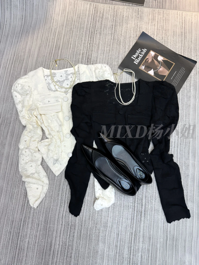 【MIXD杨小姐定制】2025秋款正版方领水貂绒轻奢风气质泡泡袖上衣