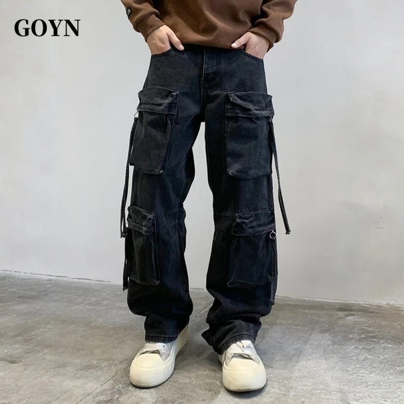 GOYN男士新款高街美式复古潮流秋季百搭休闲男装纯色直筒牛仔长裤