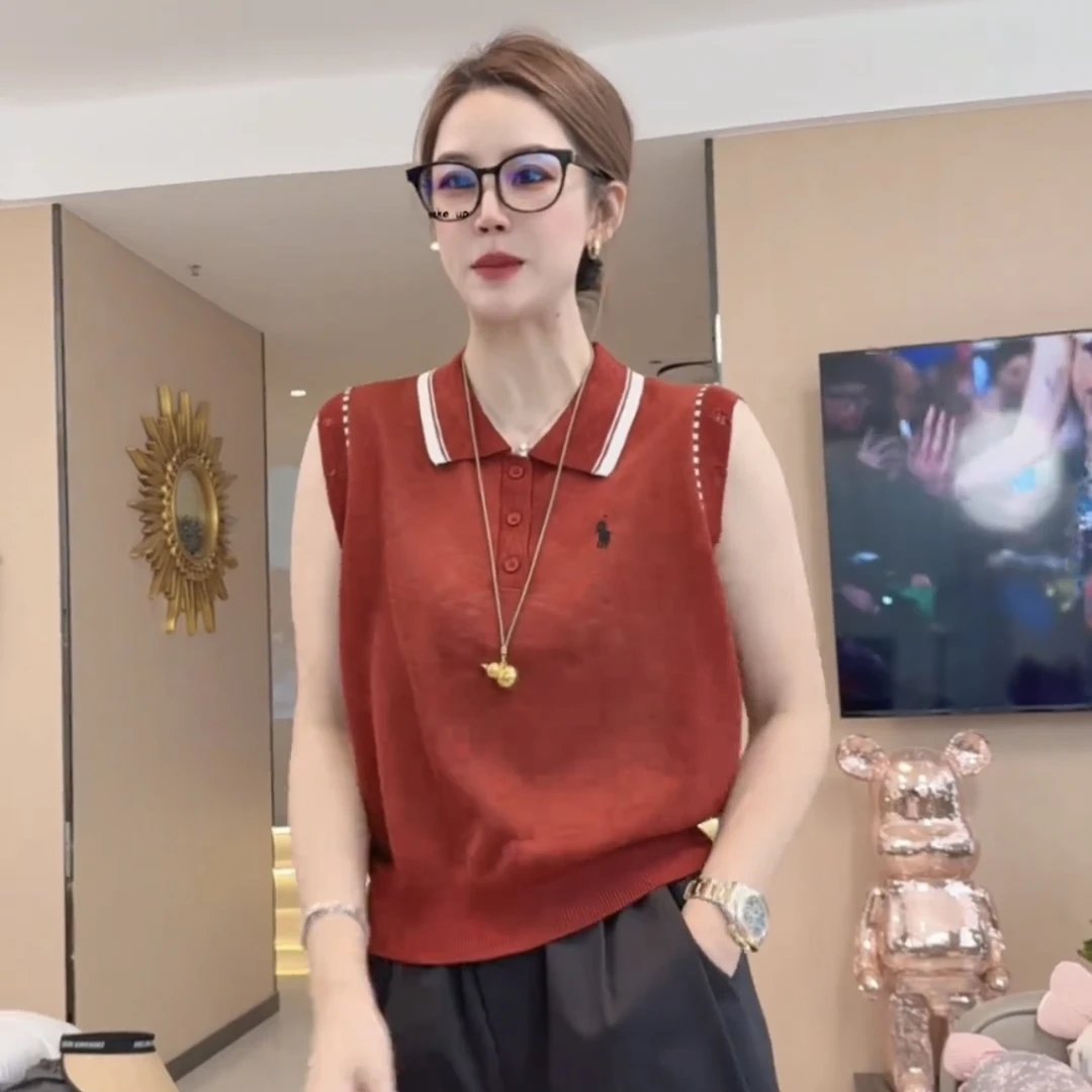 2025新款夏装拼色无袖polo衫针织衫韩版小个子时尚百搭显瘦上衣