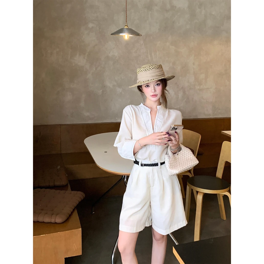 时尚老钱风V领百搭七分袖上衣套装女气质配腰带显瘦直筒裤两件套