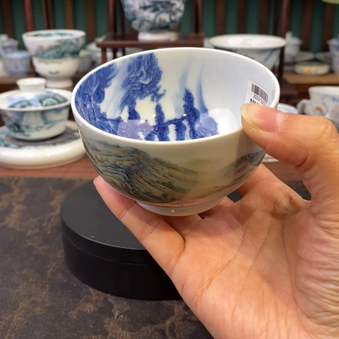 手工陶瓷粉彩青花山水罗汉杯 特价款