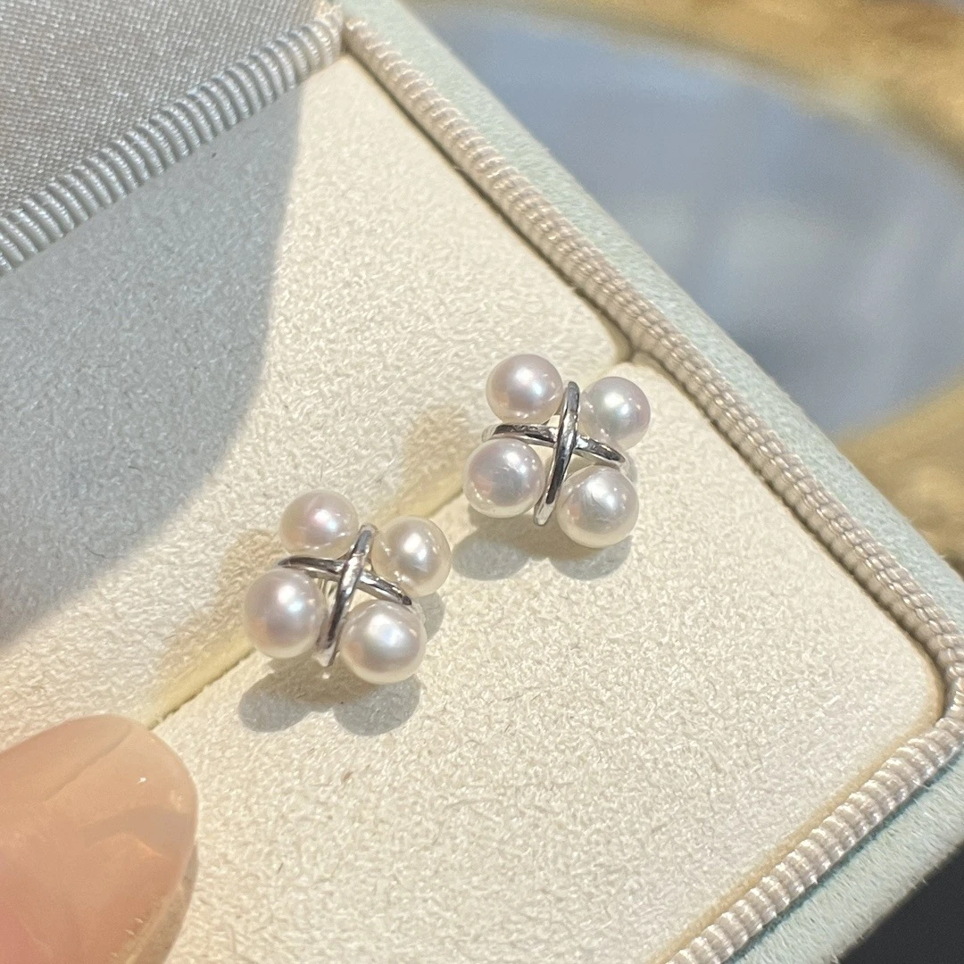 s925银四叶耳钉3-4mm天然高品质