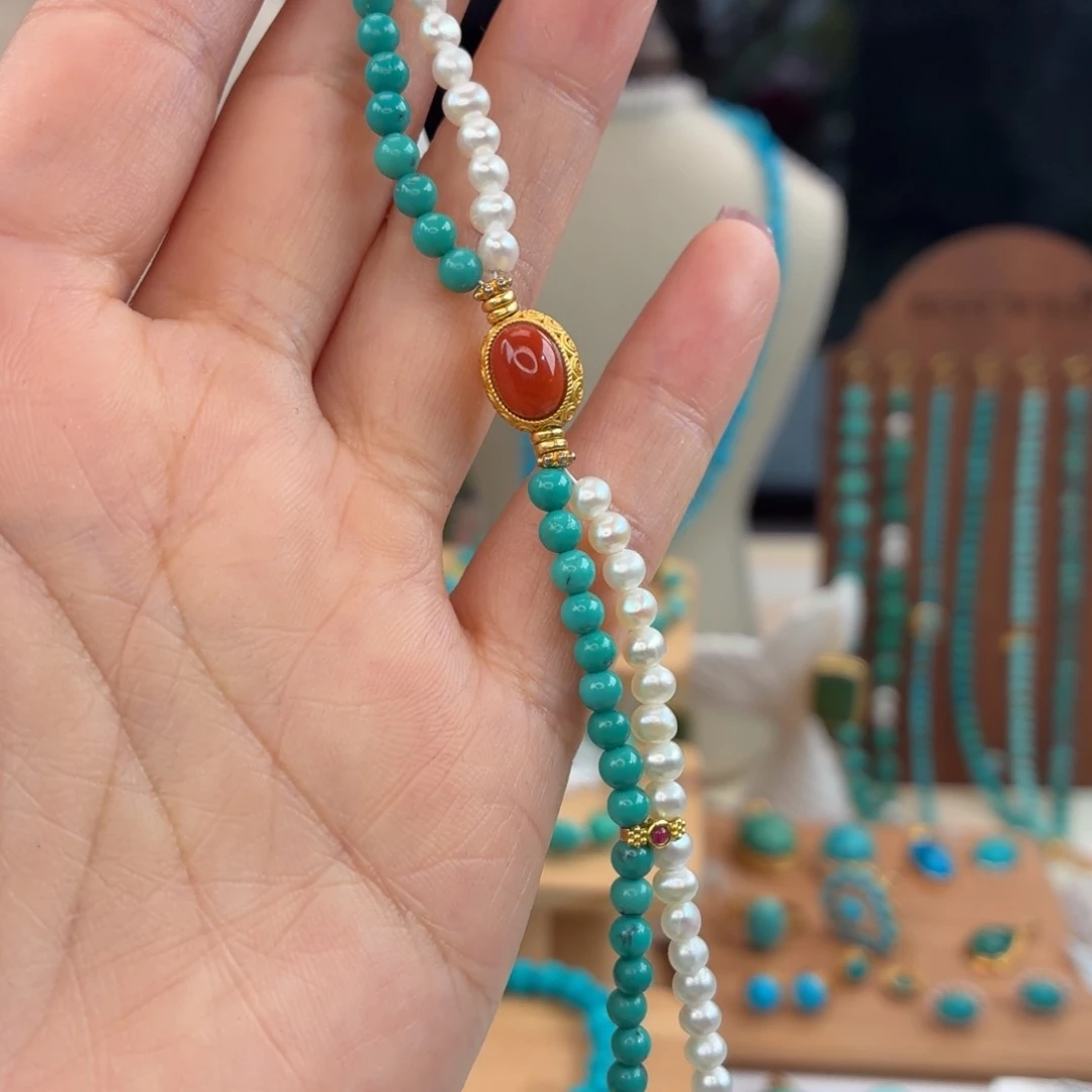 绿松石银S925镀金镶嵌手链