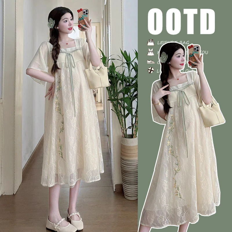 孕妇夏季夏装民族风新中式改良宽松遮肚中长款气质孕妇连衣裙