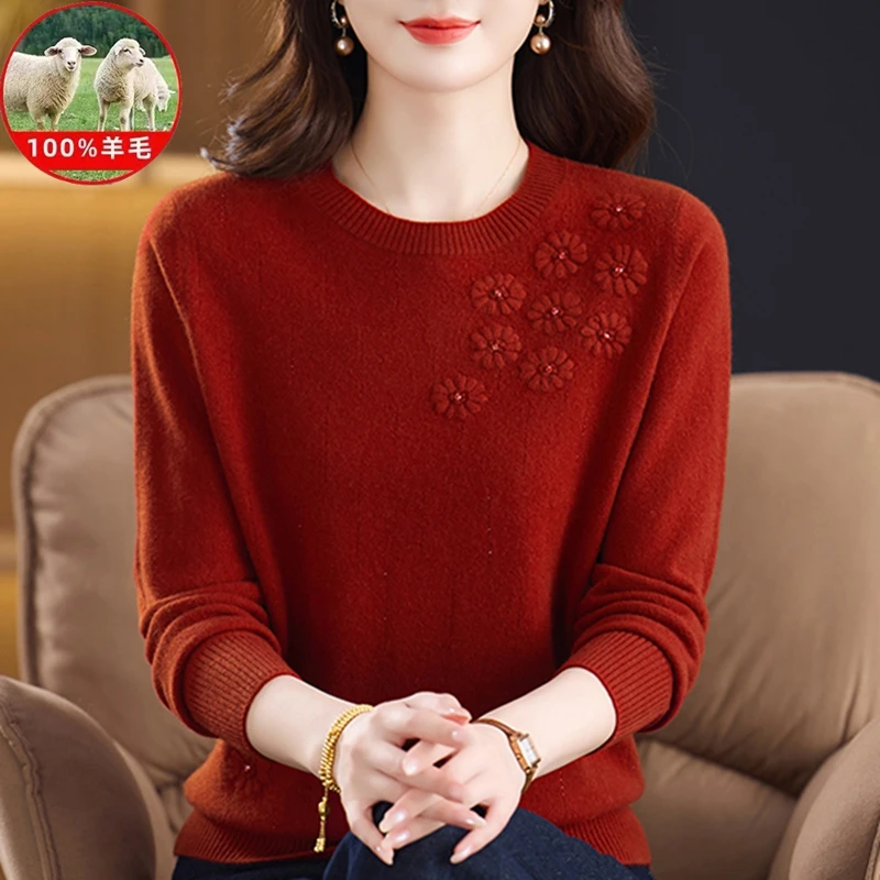 2025秋冬新款中年女士100%绵羊毛高档时尚针织圆领秋冬妈妈羊毛衫